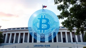Modern government building with digital Bitcoin symbol hologram overlay, representing national cryptocurrency reserves and blockchain technology adoption in official government policy