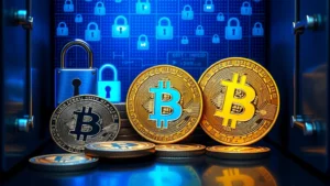 Digital representation of Bitcoin coins arranged in a secure vault with blue security locks and glowing cryptocurrency symbols, photorealistic style, no text