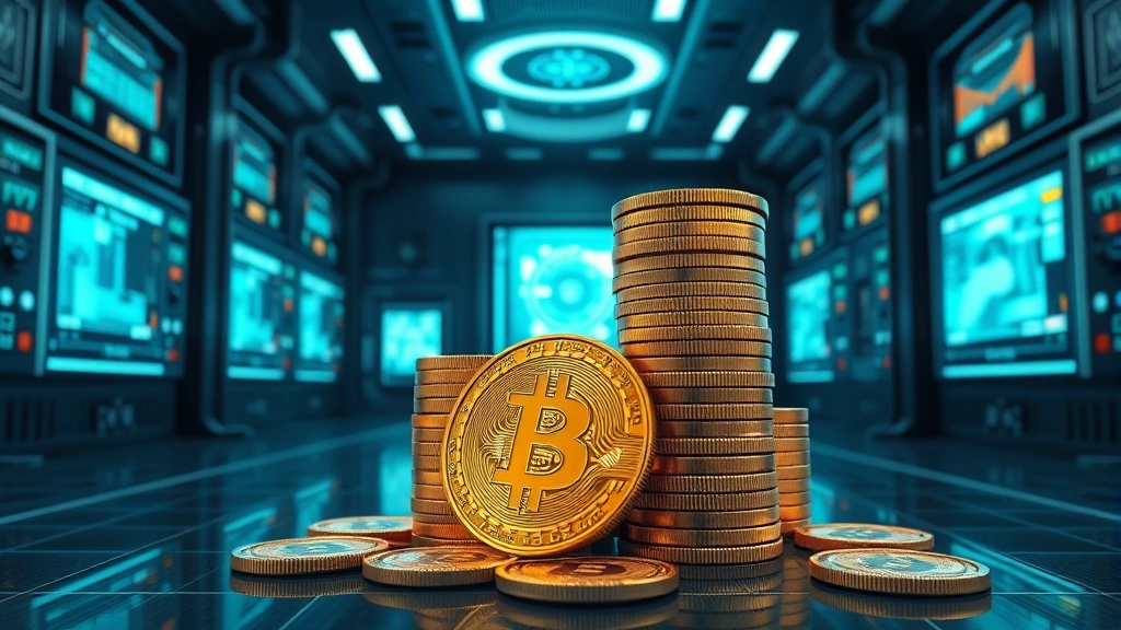 Photorealistic illustration of Bitcoin coins stacked in a treasury room with advanced security systems, digital holographic displays, professional setting, no text or numbers