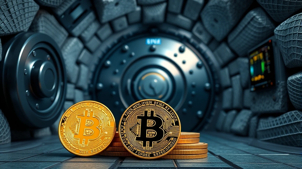 High-security underground vault with digital security systems and Bitcoin coins displayed, representing secure storage and custody of national cryptocurrency reserves