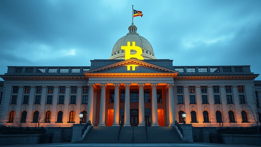 Futuristic government building with Bitcoin symbol projection, representing institutional adoption of cryptocurrency, photorealistic lighting, no text or signage visible
