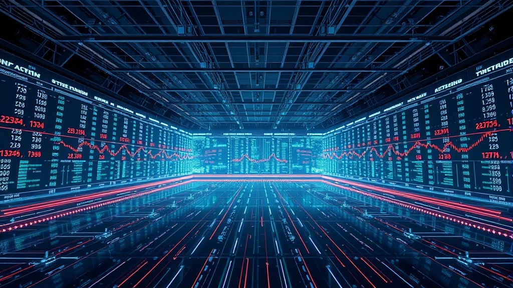 Photorealistic image of a digital currency trading floor with blockchain technology visualization, interconnected nodes, global financial networks, modern infrastructure, no text or ticker symbols