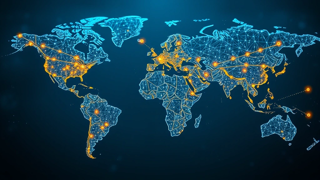 Photorealistic image of a global financial network visualization showing interconnected nodes across continents, representing geopolitical cryptocurrency competition and international Bitcoin adoption, abstract but realistic lighting