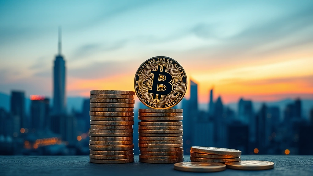 Stacked Bitcoin tokens against backdrop of financial district skyline at dusk, symbolizing national reserves and digital asset accumulation, photorealistic, no text