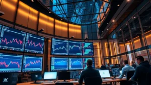 Modern cryptocurrency trading floor with digital displays showing bitcoin charts and blockchain networks, professional traders analyzing data on multiple screens, sleek glass and steel architecture, warm ambient lighting reflecting on technology infrastructure