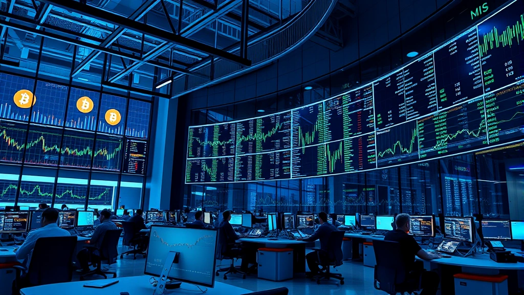 Photorealistic image of a modern cryptocurrency trading floor with multiple digital displays showing bitcoin blockchain data, professional traders at workstations, sleek glass and steel architecture, blue and green ambient lighting reflecting blockchain networks