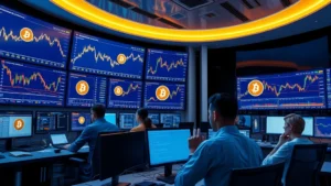 Modern cryptocurrency trading floor with professional traders monitoring multiple blockchain networks and bitcoin price charts on large displays, professional business environment with blue and gold color scheme