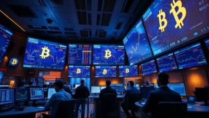 Photorealistic image of a modern cryptocurrency exchange trading floor with multiple screens displaying bitcoin blockchain networks, traders monitoring digital asset movements, blue and gold lighting emphasizing financial technology infrastructure, no text or numbers visible on screens