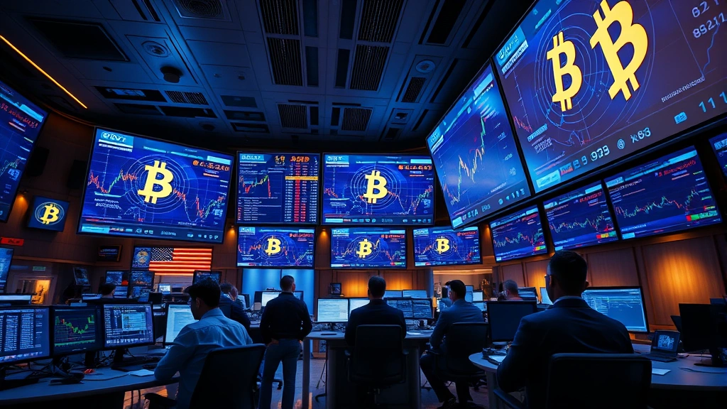 Photorealistic image of a modern cryptocurrency exchange trading floor with multiple screens displaying bitcoin blockchain networks, traders monitoring digital asset movements, blue and gold lighting emphasizing financial technology infrastructure, no text or numbers visible on screens