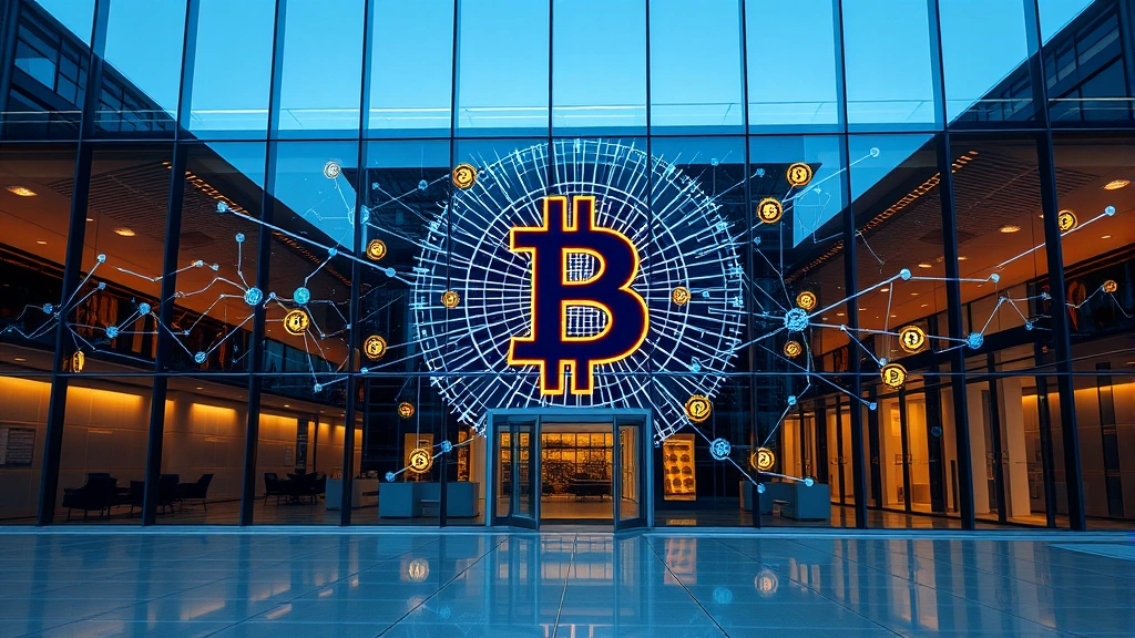 Photorealistic image of a modern corporate office building with Bitcoin symbols and blockchain network visualizations projected on glass walls, representing institutional finance meeting cryptocurrency, professional atmosphere, no text or charts