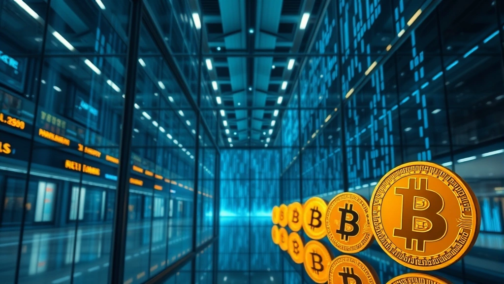 Professional cryptocurrency trading floor with Bitcoin symbols and blockchain network visualization, modern glass and steel architecture, high-tech lighting, no text or ticker symbols visible
