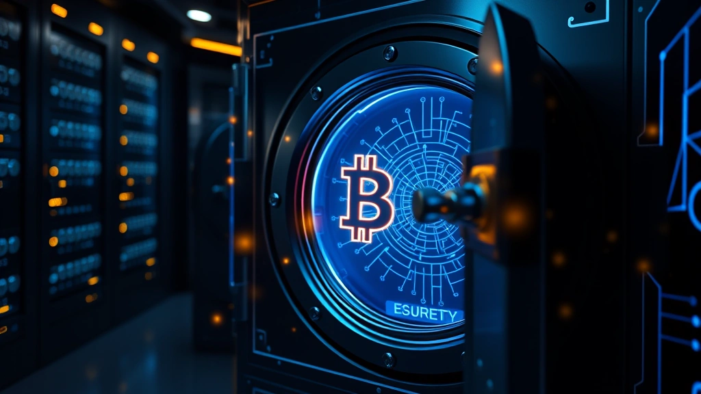 Photorealistic photo of a secure digital vault with blockchain encryption visualization, glowing security locks, cryptocurrency custody infrastructure, professional data center environment, ethereal blue light patterns representing bitcoin network
