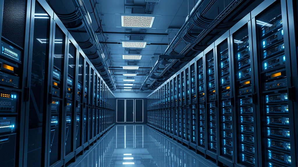 Photorealistic photograph of a secure bitcoin mining facility with rows of high-tech computing equipment, cooling systems, and server racks illuminated by LED lights, emphasizing advanced technology and operational scale, clean professional environment