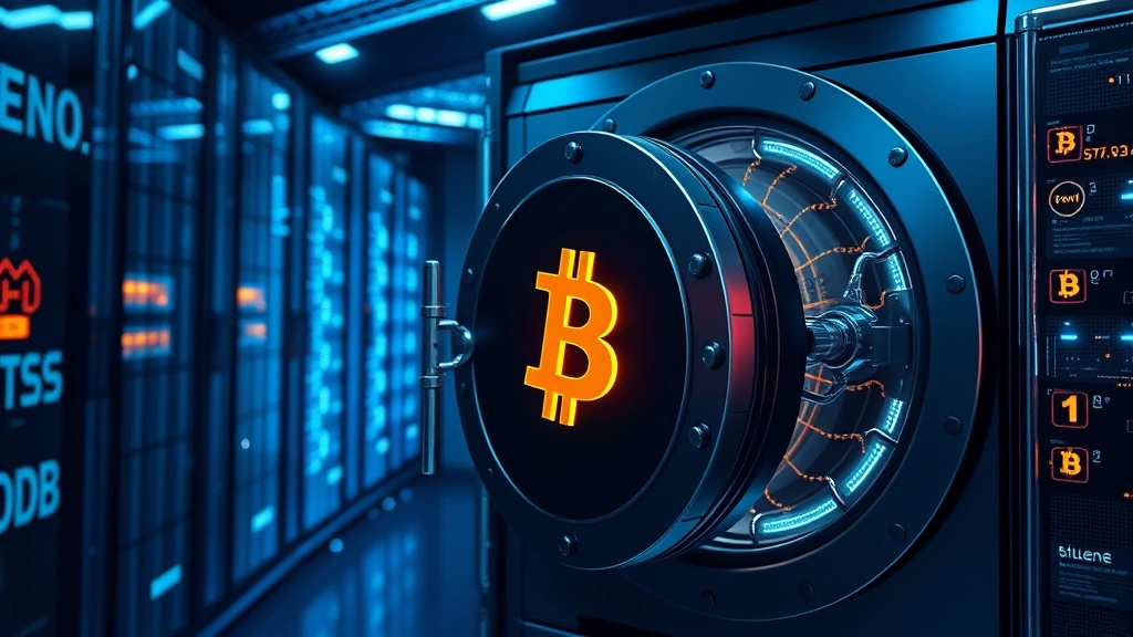 Secure digital vault concept with glowing Bitcoin symbols, cryptocurrency security infrastructure, blockchain network nodes, professional data center aesthetic, photorealistic rendering