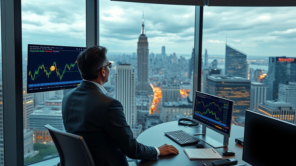 Photorealistic image of a corporate executive in modern office overlooking city skyline, digital screens displaying cryptocurrency market data and bitcoin charts, professional business environment, representing institutional crypto adoption and mainstream acceptance
