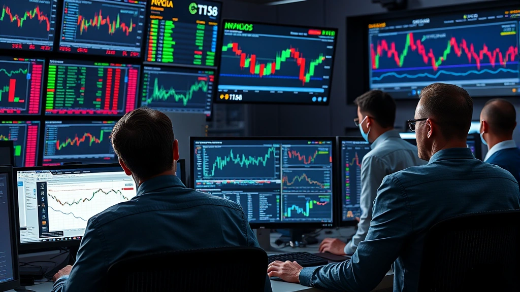 Photorealistic image of a diverse group of financial analysts and investors reviewing data on multiple computer monitors displaying cryptocurrency market interfaces and financial charts in a professional trading floor environment, focus on human element and professional setting, no readable ticker symbols or specific price data