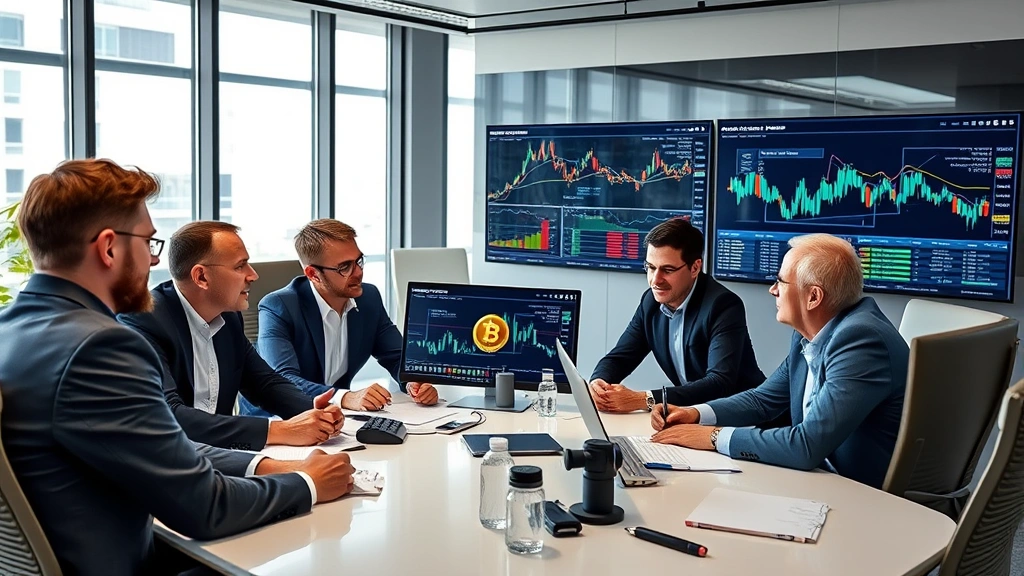 Cryptocurrency market analysis with professional investors reviewing digital assets, modern office environment with multiple screens showing blockchain technology, collaborative business setting