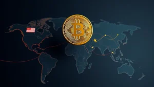 Photorealistic image of a digital Bitcoin coin hovering above a world map showing the United States and China highlighted in contrasting colors, with abstract trade route lines connecting them, representing global trade flows and cryptocurrency markets