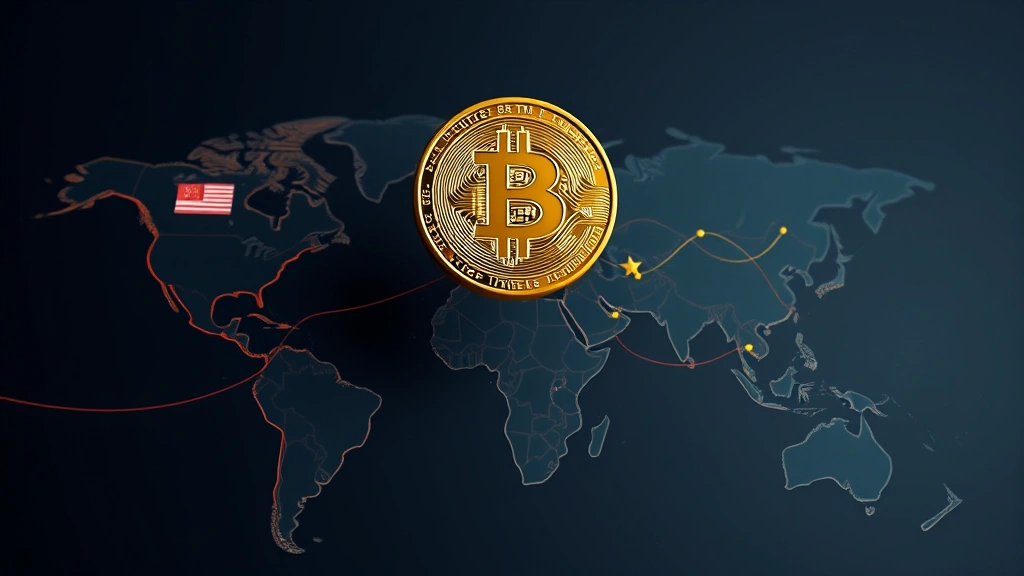 Photorealistic image of a digital Bitcoin coin hovering above a world map showing the United States and China highlighted in contrasting colors, with abstract trade route lines connecting them, representing global trade flows and cryptocurrency markets