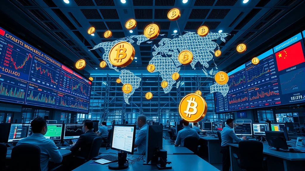 Photorealistic image of a modern trading floor with cryptocurrency market data displayed on screens, traders analyzing charts, global financial network visualization with interconnected nodes representing US and Chinese markets, high-tech blockchain infrastructure background, professional financial environment with digital currency symbols floating in the air