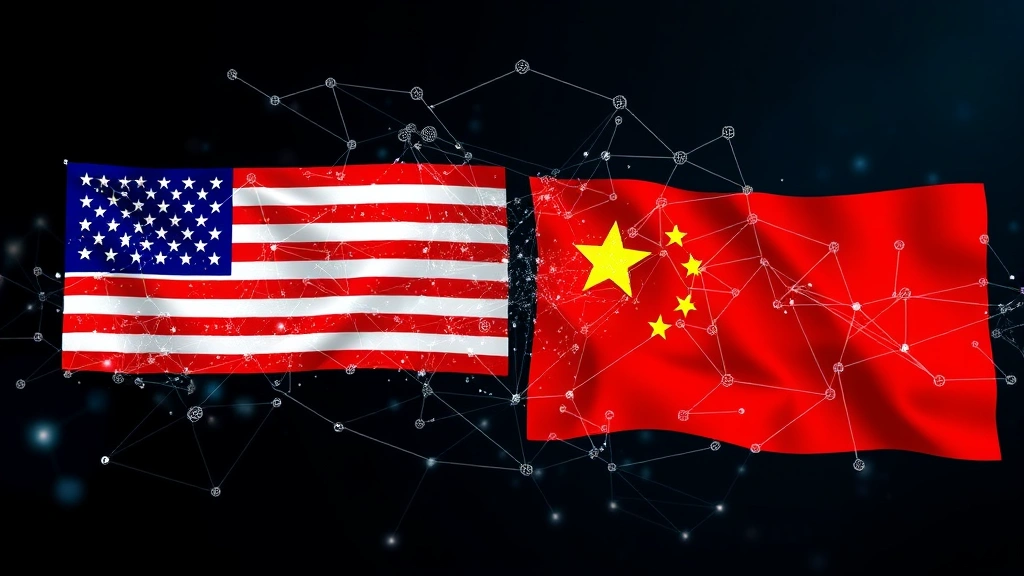 Abstract visualization of US and China flags morphing into cryptocurrency symbols with blockchain network connections flowing between them, photorealistic digital art style, no text elements