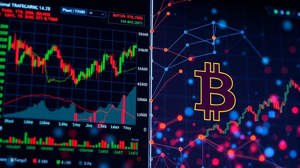 Photorealistic visualization of a split screen showing traditional stock market charts on one side and Bitcoin price movements on the other, with interconnected nodes and data streams, symbolizing the relationship between macroeconomic trade policy and digital assets