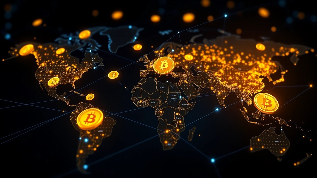 Photorealistic visualization of Bitcoin network nodes distributed globally with emphasis on US and China regions, blockchain technology concept art showing interconnected ledgers, golden Bitcoin coins floating above a world map highlighting major trading hubs, secure digital infrastructure with glowing network pathways connecting continents, modern financial technology aesthetic