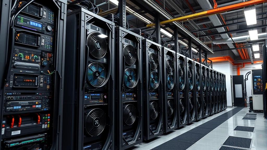 Bitcoin mining facility with modern computer hardware and cooling systems, showing the physical infrastructure that trade policy affects through semiconductor supply chains, industrial photography