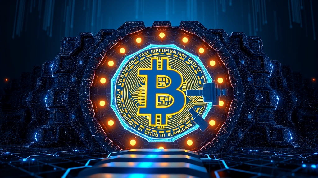 Photorealistic image of a secure digital vault or fortress made of blockchain-like hexagonal structures, glowing with blue light, representing Bitcoin as a safe-haven asset during geopolitical and trade uncertainty