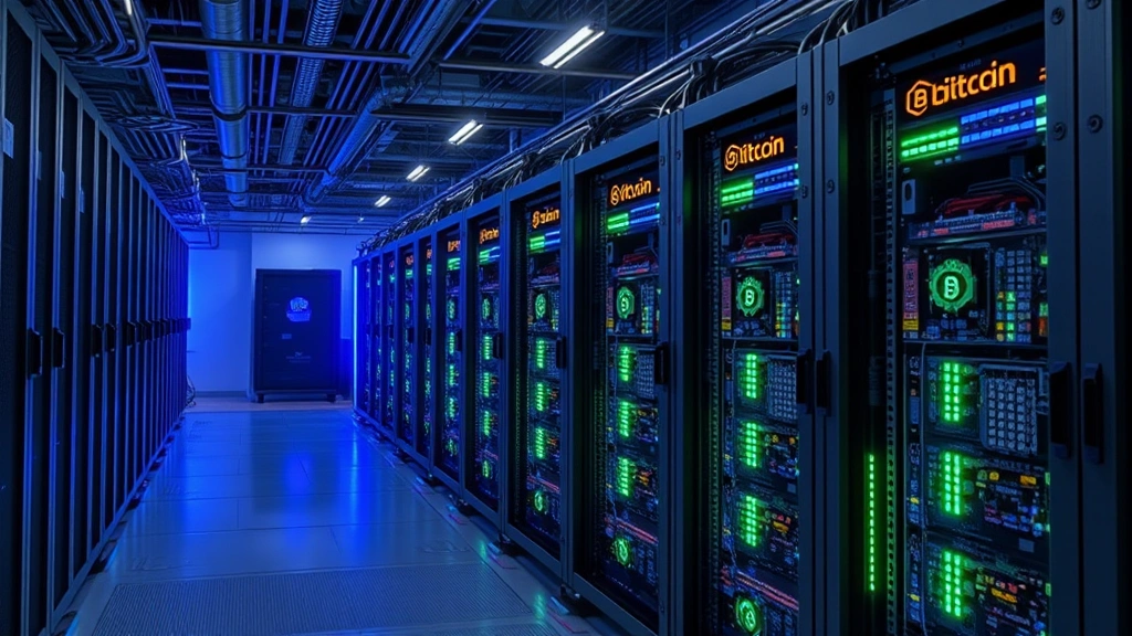 Photorealistic image of mining operations with high-performance computer equipment, circuit boards and processors, industrial warehouse setting with rows of mining rigs, blue and green LED indicators, cryptocurrency mining farm infrastructure, energy-efficient technology environment, professional technical equipment setup showing Bitcoin blockchain processing