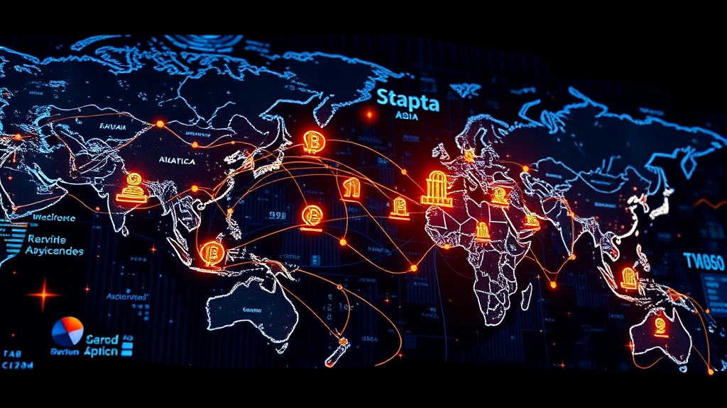 Global financial markets visualization showing interconnected trading floors and digital currency flows between Asia and North America, representing trade impact on crypto markets, photorealistic render