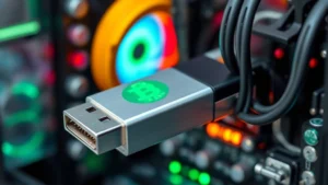 Close-up of a USB Bitcoin miner device connected to computer hardware, showing LED indicators and metallic components, professional cryptocurrency mining setup environment, photorealistic