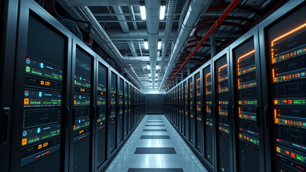 Modern data center with rows of ASIC mining rigs, cooling systems, and server racks, industrial Bitcoin mining operation with technical infrastructure, photorealistic lighting