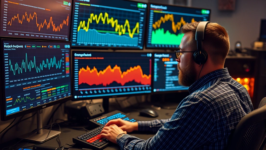 Cryptocurrency miner analyzing blockchain network metrics on multiple displays, showing hash rate and difficulty charts in background, professional mining workspace with technical equipment