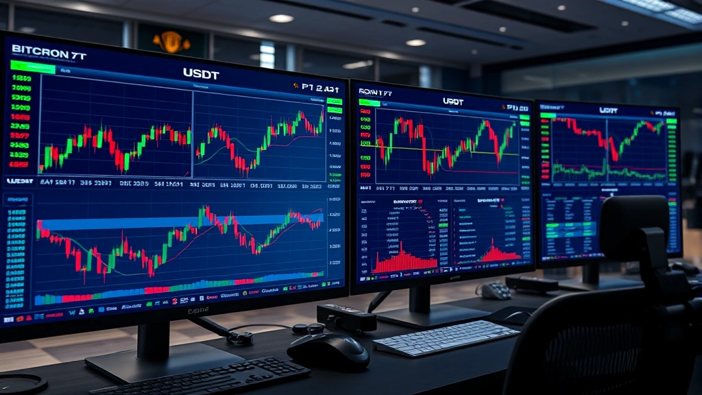Photorealistic image of a modern cryptocurrency trading dashboard displaying USDT and Bitcoin trading pairs, with price charts and order books visible on computer monitors in a professional trading environment