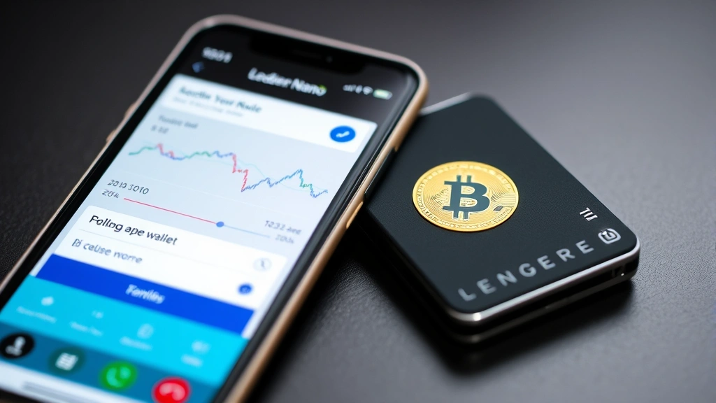 Detailed photograph of a hardware wallet device like Ledger Nano next to a smartphone displaying Bitcoin wallet interface, representing secure cryptocurrency storage and custody solutions