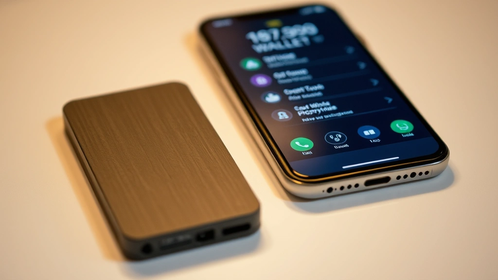 Close-up of a hardware wallet device next to a smartphone showing a mobile wallet application, both displaying cryptocurrency security features, minimalist setup on a clean desk surface, professional lighting