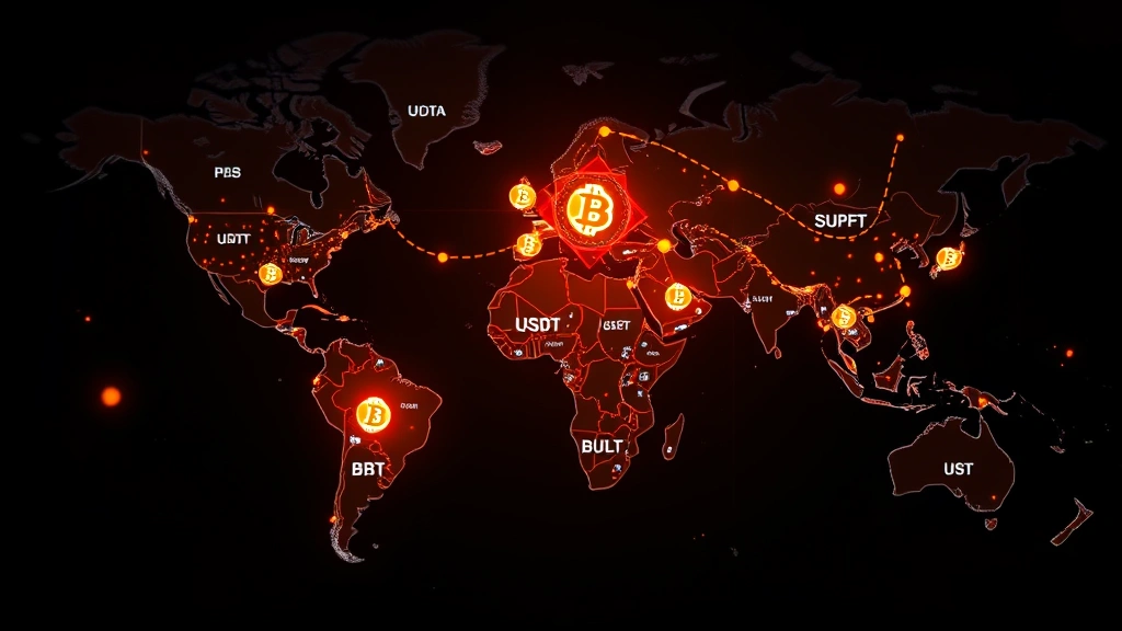 Photorealistic image of a world map with glowing cryptocurrency exchange icons and trading activity indicators, representing global USDT and Bitcoin conversion networks and liquidity