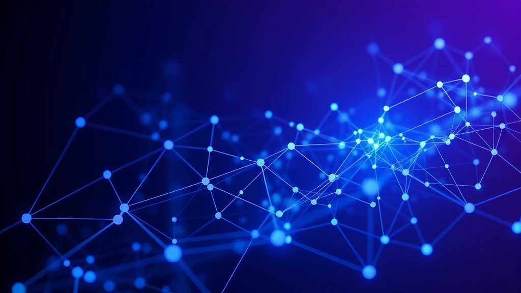 A blockchain network visualization with nodes and connections representing Bitcoin and Ethereum networks, abstract digital representation of crypto transactions flowing between nodes, deep blue and purple tones