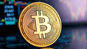 Close-up of a physical Bitcoin coin with intricate surface details, photographed against a soft-focused background of financial data streams and network nodes, showing the coin's metallic luster and dimensional depth