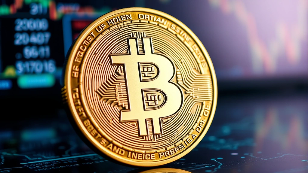 Close-up of a physical Bitcoin coin with intricate surface details, photographed against a soft-focused background of financial data streams and network nodes, showing the coin's metallic luster and dimensional depth