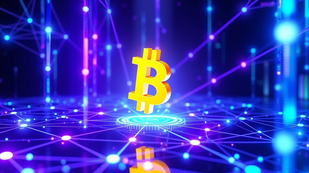 Digital Bitcoin symbol floating in a three-dimensional cyber space environment surrounded by interconnected blockchain nodes emitting blue and purple light trails, representing cryptocurrency network technology