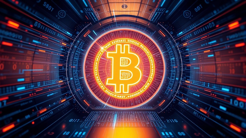 Abstract visualization of a secure vault or digital fortress containing glowing Bitcoin symbols, with holographic security layers and data encryption patterns flowing around the protected assets