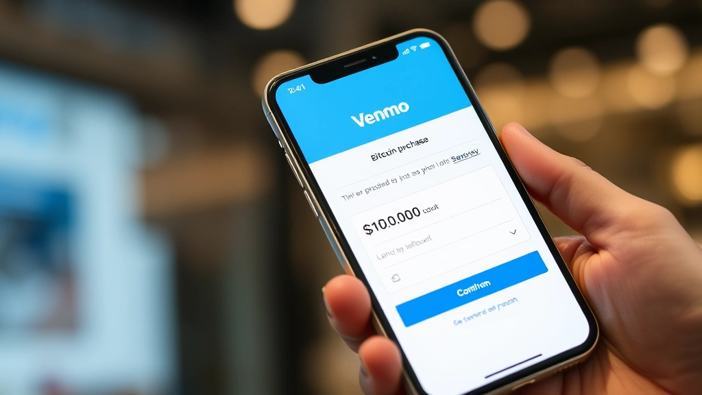 A modern smartphone displaying the Venmo app interface with a Bitcoin purchase screen showing price, amount selection, and confirm button in a sleek digital environment
