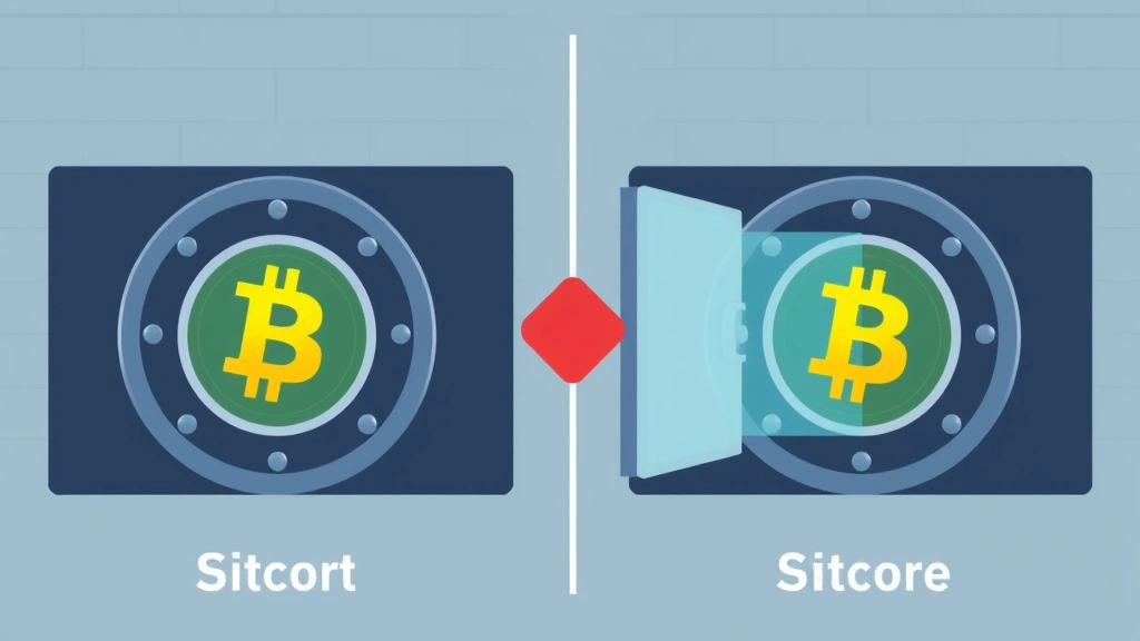 A comparison visual showing a secure digital vault with Bitcoin symbols being protected, representing cryptocurrency custody and security infrastructure