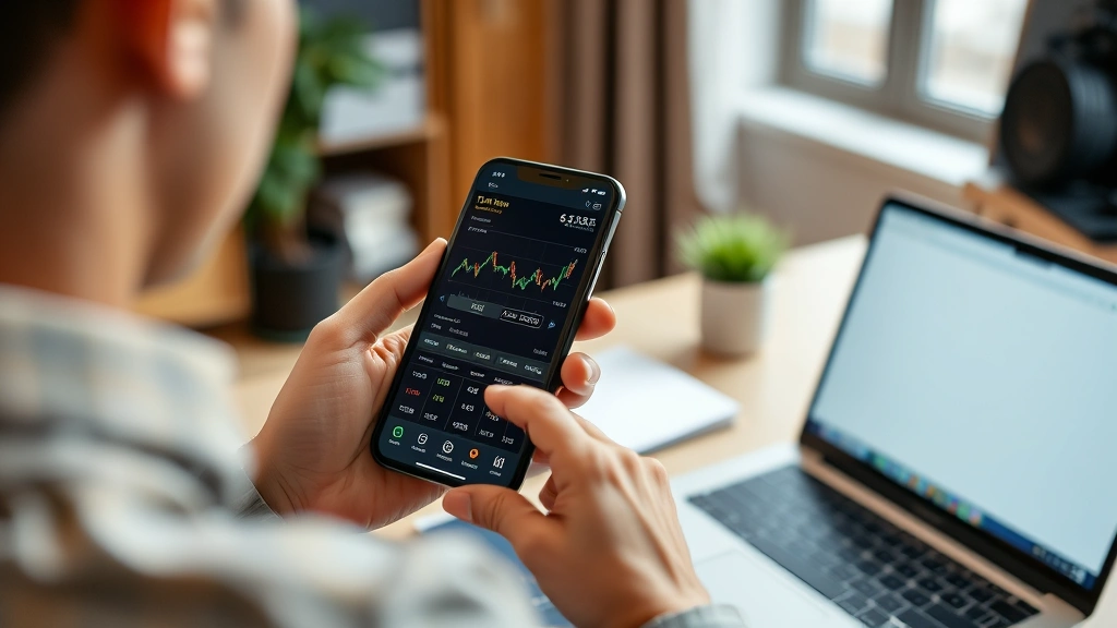 A person using a smartphone to check cryptocurrency portfolio with Bitcoin price charts and holdings displayed, sitting in a contemporary home office setting