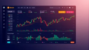 A modern cryptocurrency trading dashboard displaying Bitcoin price charts with candlestick patterns, technical indicators, and real-time market data on a sleek digital interface