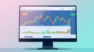 Digital illustration of a cryptocurrency trading dashboard with Bitcoin price charts, green and red candlesticks, and trading interface elements on a computer monitor, professional fintech aesthetic, no text or numbers
