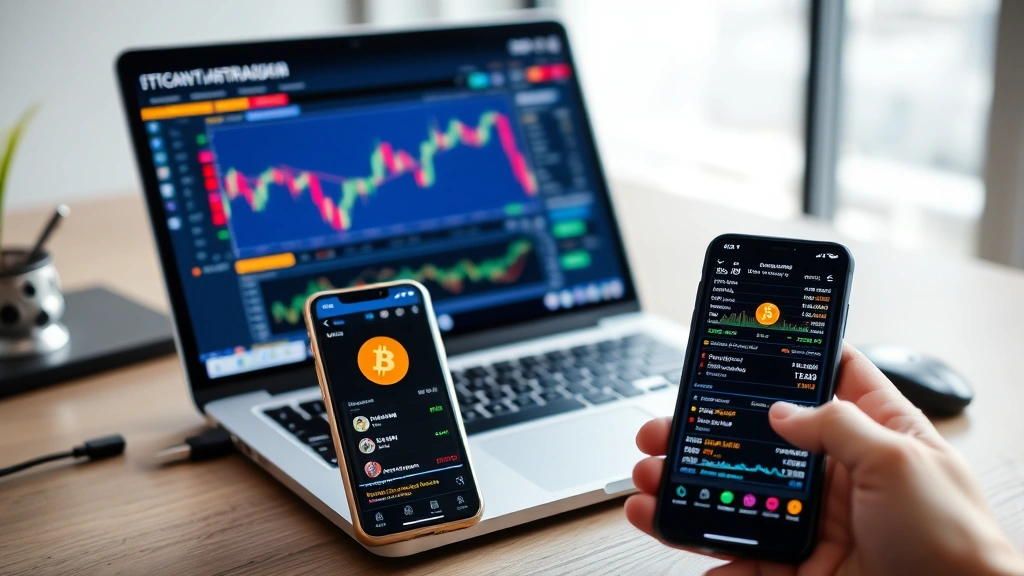 A mobile phone and laptop showing synchronized Bitcoin trading platforms with live price tickers, order books, and trading controls in a professional workspace environment