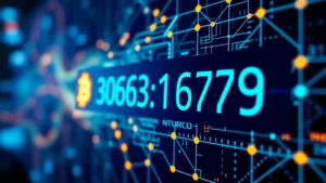 Photorealistic illustration of a Bitcoin address displayed on a digital screen with blockchain network nodes glowing in the background, showing cryptographic patterns and secure encryption visualization